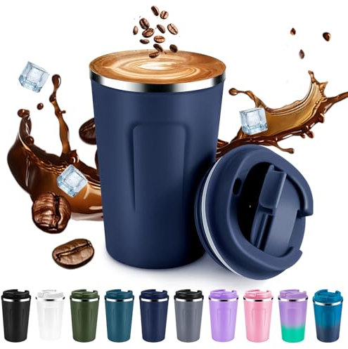Volhoply 340ml 12oz Double Wall Insulated Vacuum Travel Coffee Mug with Flip Lid,Reusable Stainless Steel Leak Proof Coffee Cup,Iced Cafe Thermal Tumbler Suitable for Hot & Cold Drinks(Navy,1 Set)