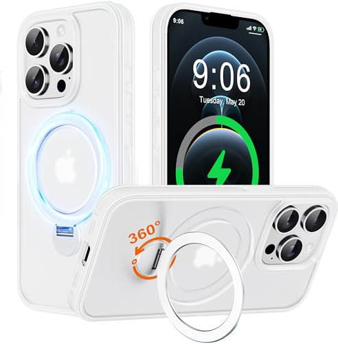 Derwav Multi-in-1 [Magnetic+ Kickstand+ Ring Holder] for iPhone 12 Pro Max Case Compatible with MagSafe, 360° Rotatable Stand with Military Shockproof Silicone Frame Magnet Bumper Cover, White