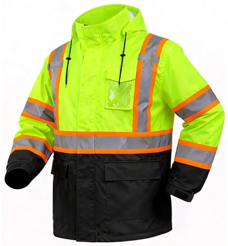 FATONE Hi Vis Rain Jacket Waterproof Class 3 High Visibility Rain Gear for Work Reflective, Safety Rain Coats for Men with Black Bottom Lightweight, Yellow (L/XL)