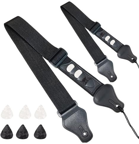 FOSDICK 2 Pcs Gitarrengurt, Verstellbare Gitarrenband, Gurt Gitarre mit 3 Plektrumhaltern, Gitarrengurt E-Gitarre, Gitarrengurt Akustikgitarre, Gitarren Gurt für Westerngitarre, Bass(Schwarz)