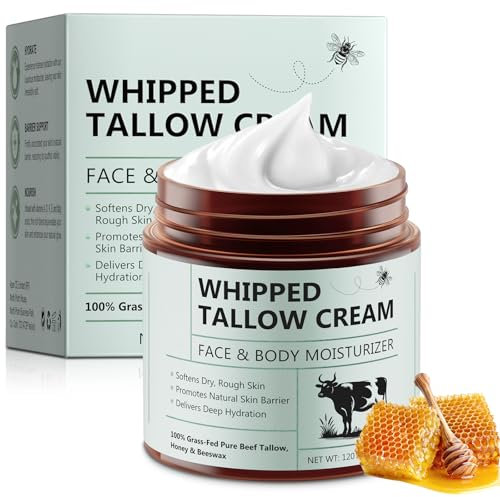 Beef Tallow Creme 120g, 100% Gras gefüttert reinen Rindertalg, Natürliche Honig Feuchtigkeitscreme für Tiefenhydration für Gesicht & Körper, Whipped Tallow Balm