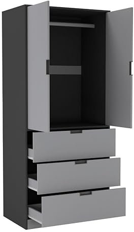 URBNLIVING 2 Door 3 Drawer Black White Oak Grey Modern Wardrobe Furniture with Clothes Hanging Rail Storage Shelf for Home Bedroom Organiser Unit H180cm x W80cm x D50cm