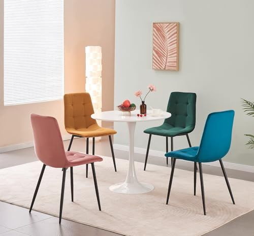 MOF Home Modern Velvet Dining Chairs, Set of 4, Velvet Tufted Upholstered Kitchen Chairs with Metal Legs, Multi-Color (CHECK PATTERN, MIX COLOUR AS IN MAIN PICTURE)