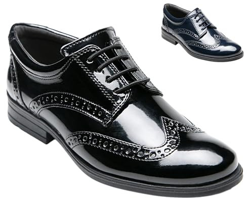 Boys’ Patent Derby Dress Black Shoes, Wingtip Brogue Lace-Up Wedding Prom Formal Footwear Size UK Child 10 - EU 28