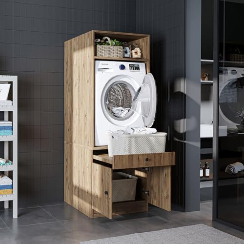 ROOMART • Armario para lavadora con placa extraíble • Ahorro de espacio • Práctico • Ideal para lavadero (roble, 1 armario - (184 cm de alto)