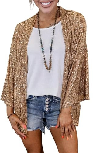 Cardigan Donna Elegante,Cardigan con Paillettes Oro Aperto Davanti Festa Corto Shrug Glitterato Scintillante Aperto Davanti Cappotto Abiti Spolverino per Sera Ballo Rave Abiti Donna Cardigan Festivo
