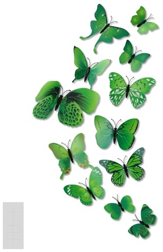 MultiValue 12 Stück Emulation 3D Schmetterling Deko Wandkunst Aufkleber, PVC Schmetterling Magnetische mit Klebeband für Kühlschrank Wand Deko (Grün)