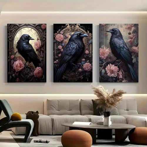 ZHAOLIN 3-teiliges Gothic Dark Academia-Wandbild, schwarzer Rabe, Halloween-Geister und Kobolde, dekoratives Leinwandbild, Vintage-Schlafzimmer-Poster, 50 x 70 cm (20 x 28 Zoll), 3 x rahmenlos