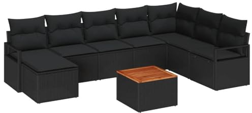 vidaXL 9-teiliges Gartensofaset mit Kissen in Schwarz aus Poly-Rattan und Akazie – modernes Design für den Außenbereich, bequem für Balkon und Terrasse, ideales Möbelstück für Lounge und Essbereich.