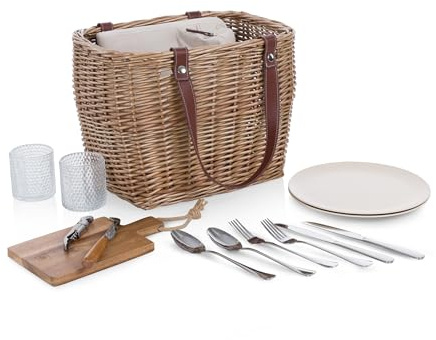 Picnic TIME Terrabella Handwoven Picnic Basket, Earth Friendly Basket, Made from Recycled Materials, Upcycled Picnic Basket, (Beige)