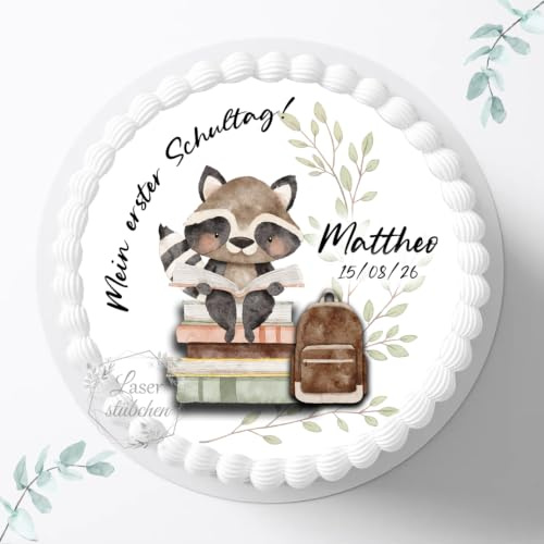 Tortenaufleger Waldtiere zur Einschulung mit Wunschname & Datum personalisierbar, ⌀20cm Zuckerbild, Deko für Kuchen, Foto für Torten, Fondant S0002