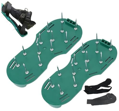 Lawn Scarifier Shoes with Spikes, 15 mm Nails, 26 Steel Tips, Adjustable Straps, Green, Lawn Aerator Shoes for Aerating Lawn or as Screed Shoes