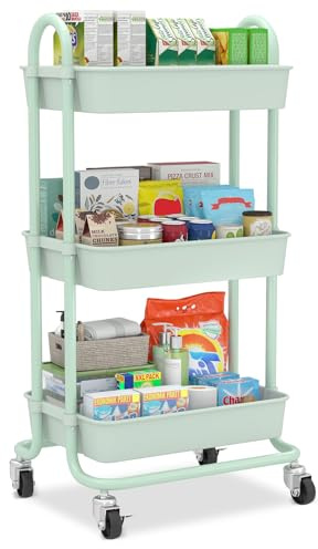 Sekey Rollwagen, Küchenwagen mit 3 Ebenen | 360°-Gummiräder mit Bremse | Glatt lackiert & rostfest | Gekrümmter Griff | für Küche, Bad, Büro, Wohnzimmer, Schlafzimmer | Mintgrün