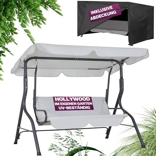 Casaria® Hollywoodschaukel 2 Sitzer Wetterfest Balkon 200kg Belastbar Gartenschaukel mit Dach Hellgrau Anti-Rutsch-Füße Garten Terrasse Schaukel 140cm Rückenlehne