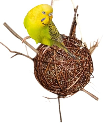 Vogelgaleria® Weidenkugel 20cm gefüllt mit Heu | zum knabbern und Klettern | Natürliches Wellensittich Spielzeug für den Käfig | Beschäftigung für Vögel Vogelzubehör handgemacht