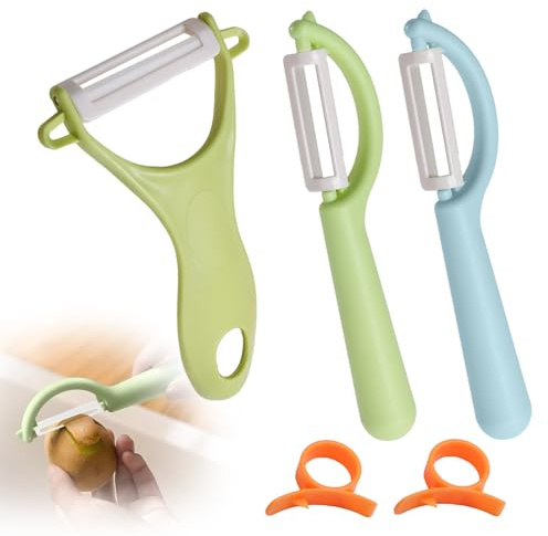 Kinderschäler 5-Teiliges Set, Keramik Schäler mit 2 Orangenschäler Kinder Sparschäler Universalschäler Drehbare Klingen Y-Förmig Multifunktionaler Gemüseschäler Peeler für Obst Gemüse Grün Blau