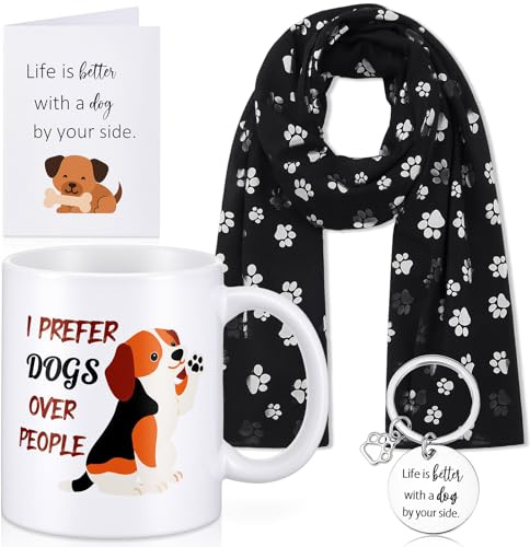 EBOOT 4 Pieces Dog Lovers Gifts Set for Women Including Ceramic Mug Tea Cup with Cover and Spoon, Women Silk Scarf Wraps Shawl, Keychain Keyring with Box and Gift Card Present for Dog Lover