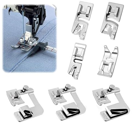7 Stück Nähmaschinen Zubehör Nähfüße Set, Rollsaumfuß 3/4/6 mm + 4/8/6/8/8/8 Zoll Saumfuß + 7301 Universalfuß, Edelstahl Nähfüße Kompatibel mit Brother Singer Janome (Silber)