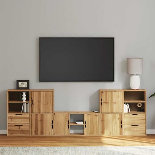 Holamys 5-TLG. ODDA Wohnwand aus massivem Kiefernholz, Honigwachs-Finish, mit Stauraum, modulares Design für Wohnzimmer, TV-Ständer, Entertainment Center, rustikaler Charme