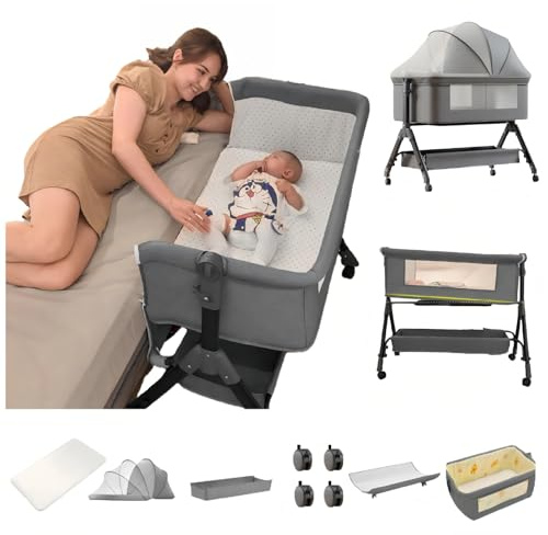 Aveainelle Baby-Beistellbett mit Matratze, Faltbare und Umwandelbare Babywiege, Verstellbare Babywiege, Co-Sleeping-Babybett mit Moskitonetz (Grau)