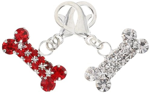GARVALON 2 Stück Hundeknochen Anhänger für Haustierhalsband Rote Legierung mit Kristallbesatz Modisches Hängendes Design Einfache Anwendung für Haustierhalsbänder
