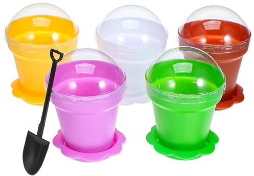 IMIKEYA Flower Pot Dessert Cups 10 Set Pink Flowerpot Pudding with Lids Spatulas - Small Reusable Plastic Mousse for Party Dessert, Ice Cream, Yogurt & Garden Theme Gift for Women