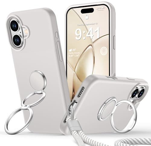 Rockaway Silicone Case for iPhone 16, Double Ring Stand | Wrist Strap, Shockproof Protective Cover for iPhone 16 6.1 - Stone