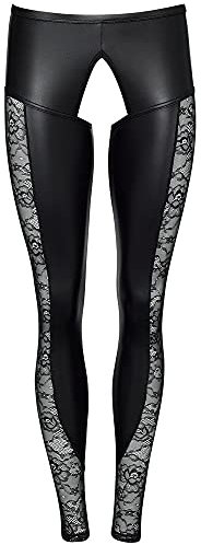 Orion Leggings & String - 2-teiliges Leggings-Set für Frauen, mit String, ouvert geschnitten, Spitzenverzierungen, Cut-Outs, schwarz