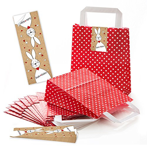 Logbuch-Verlag 25 kleine rote Papiertüten mit Henkel u. Boden Ostertüten Geschenktüten mit weißen Punkten 18 x 8 x 22 cm + 25 Osteraufkleber Osterhase Herz Verpackung Frohe Ostern
