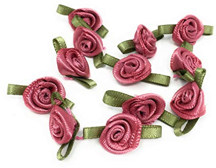 Tricot Créations Fleur Rose avec Feuille en Ruban : Embellissement Fleur en Satin - Vieux Rose (20)