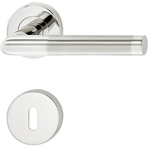 JUVA Türbeschlag Innentür Drücker-Garnitur L-Form Türgriff Edelstahl mit Rund-Rosette für Zimmertüren - LDH 2171 Bicolor | BB - Buntbart | 1 Set - Türdrücker-Garnitur inkl. Befestigungsmaterial