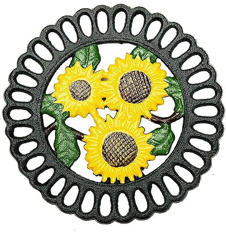 Sungmor Salvamanteles de hierro fundido resistente, salvamanteles decorativos para cocina o mesa de comedor, 7.5 x 7.5 pulgadas, redondo con bonito patrón de girasol vintage
