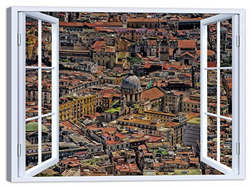 LuxHomeDecor Quadro Finestra Napoli 100x75 cm Stampa su Tela con Telaio in Legno Arredamento Arte Arredo Moderno