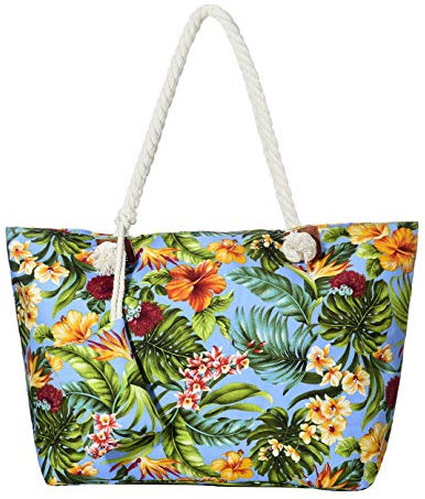DonDon Strandtasche XXL mit Reißverschluss - Umhängetasche Damen, Shopper Tasche Damen im Beach Look mit Schulterriemen - Urlaub Must Haves Beach bag - Südsee-Blumen