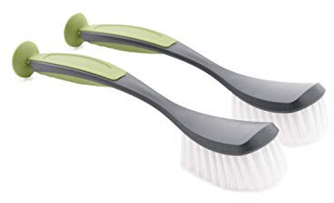 CleanPEAK Pack of 2 Stand Up Dish Brushes with Suction Cup, Soft Grip Handle and Non-Scratch Bristles – Grey/Green
