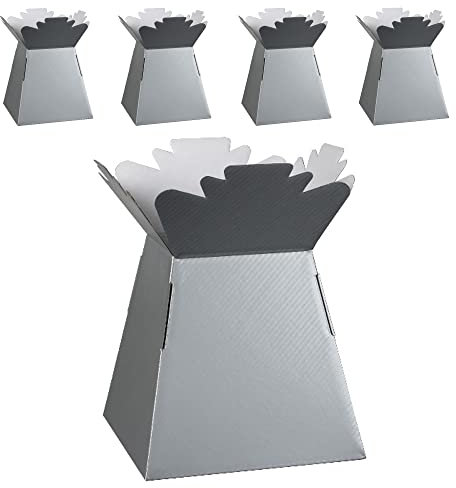Flower Bouquet Boxes Florist Packaging Gift Craft Box Vase – Holder for Flowers, Bouquets, Plants, Sweets – Decoration for Wedding, Birthday, Anniversary, Floral Arrangement – Pack of 5 – Silver