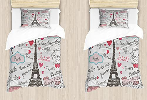 ABAKUHAUS Tour Eiffel Ensemble de 2 Housse de Couette, Paris Lettre Coeur, Décoratif 2 Pièces avec 1 Taie d'oreiller, 170 x 220 cm - 75 x 50 cm, Noir Blanc Rose