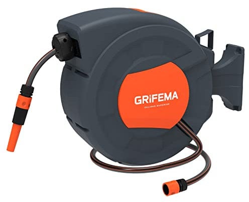 GRIFEMA G301-25, Schlauchtrommel zur Wandmontage, Schlauchbox mit 25m Schlauch, Wandschlauch-Aufroller mit 180° Drehung, Automatische Aufrollung mit verstellbarer Düse