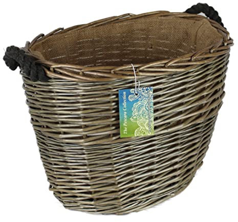 Oval Grey & Antiqued Wicker log baskets. Hessian lined. Wood & kindling storage for home hearths and fireplace. Large wood burner bin (Rope Handle, 41cm)