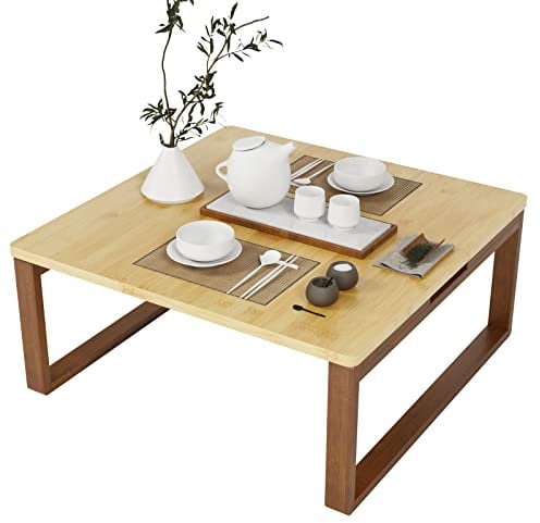 soges Klappbarer Couchtisch Kaffeetisch aus Bambus Faltbarer Kleiner Niedriger Tisch Kaffeetisch Japanischer Stil für Fenster Tatami Outdoor Bett, Montagefrei, 70 x 70 cm