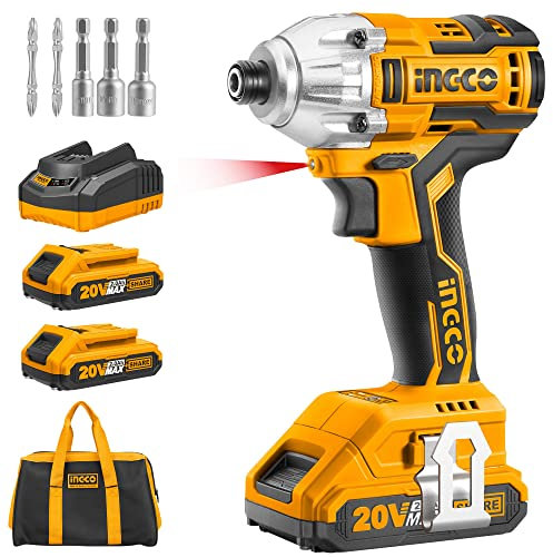 Ingco Atornillador de impacto sin escobillas de iones de litio de 20 V, con 2 baterías de 2,0 Ah, 1 cargador de 1 hora, 170 NM(CIRLI2002)