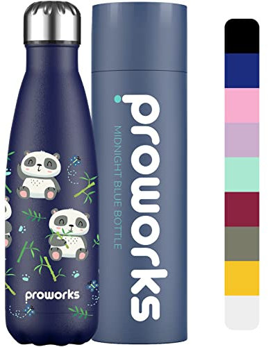 PROWORKS Bouteille d'eau Isotherme, sans BPA, Gourde INOX Reutilisable pour Maintien Chaud de 12 Heures & du Froid Jusqu’à 24 Heures, Sport, Gym, Voyage - 500ml - Panda Party - Bleu Nuit