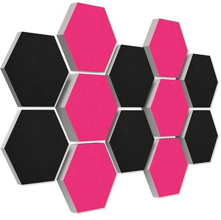 platino24 Schallabsorber COLORE aus Basotec G+ I Akustikpaneele mit Akustikfilz I 3D Wand-Paneele mit 12 Waben in Schwarz + Fuchsia I Akustikplatten zur Schalldämmung in Büro, Studio & Wohnung