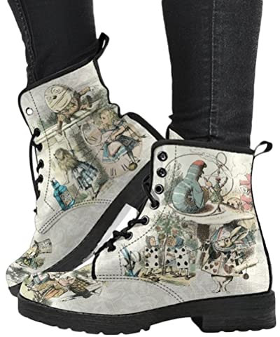 Minetom Damen Gothic Chelsea Boots Frauen Punk Stiefeletten Biker Boots Winter Knöchel Stiefel Mit Blockabsatz Gotisch Drucken Kurze Stiefel A Beige 38 EU