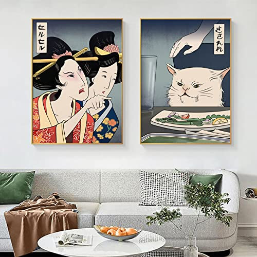Japanische Wandkunst - Frau Schreit Katze An, Anime Leinwand, Lustige Geisha-Malerei, Niedliche Poster Und Drucke, Kunstwerk