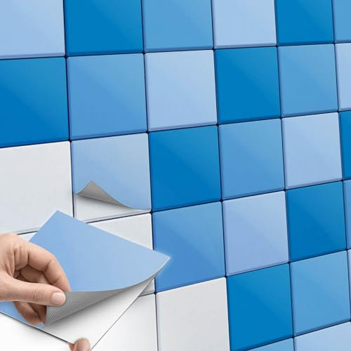 20 Stück Fliesenfolie für Bad und Küche 20x20 cm - Klebefliesen, Mosaikfliesen - Klebefolie Fliesen selbstklebend SET // Design: Blautöne