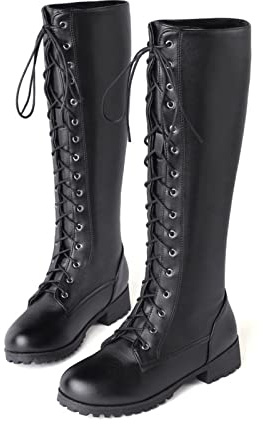 Stivali Alti Stile Nuovo Stivali da Moto Stringati con Tacco Basso Neri Oversize,Nero,42 EU