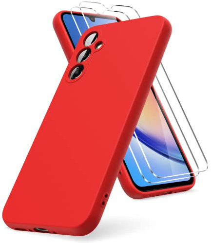 Vansdon Cover Compatibile con Samsung Galaxy A34 5G, 2 Pellicola Protettiva in Vetro Temperato, Gomma Gel di Silicone Liquida Antiurto Custodia - Rosso