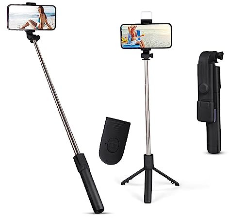 flintronic Selfie Stick Tripod with Fill Light, Stable Tripod with Wireless Bluetooth Remote Control, 70CM Extendable Portable Aluminum Selfie Stick Compatible for ios and Android, Cameras