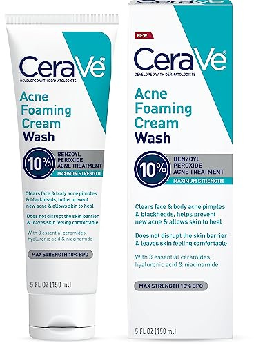 CeraVe Acne Foaming Cream Wash, 10% Benzoyl Peroxide Facial Cleanser, 5oz